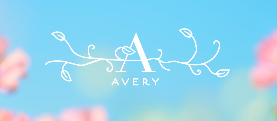 Avery Homepage Blue background with blurred pink and green shapes and the Avery imprint logo